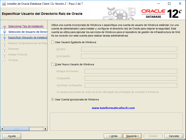 Paso 2 - Especificar  del Directorio Raíz de Oracle
