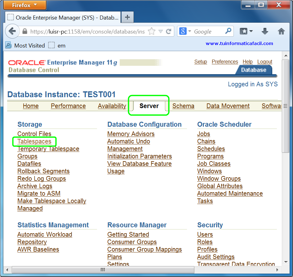 Como ampliar un Tablespace con Oracle Enterprise Manager 11g Database Control, imagen 1