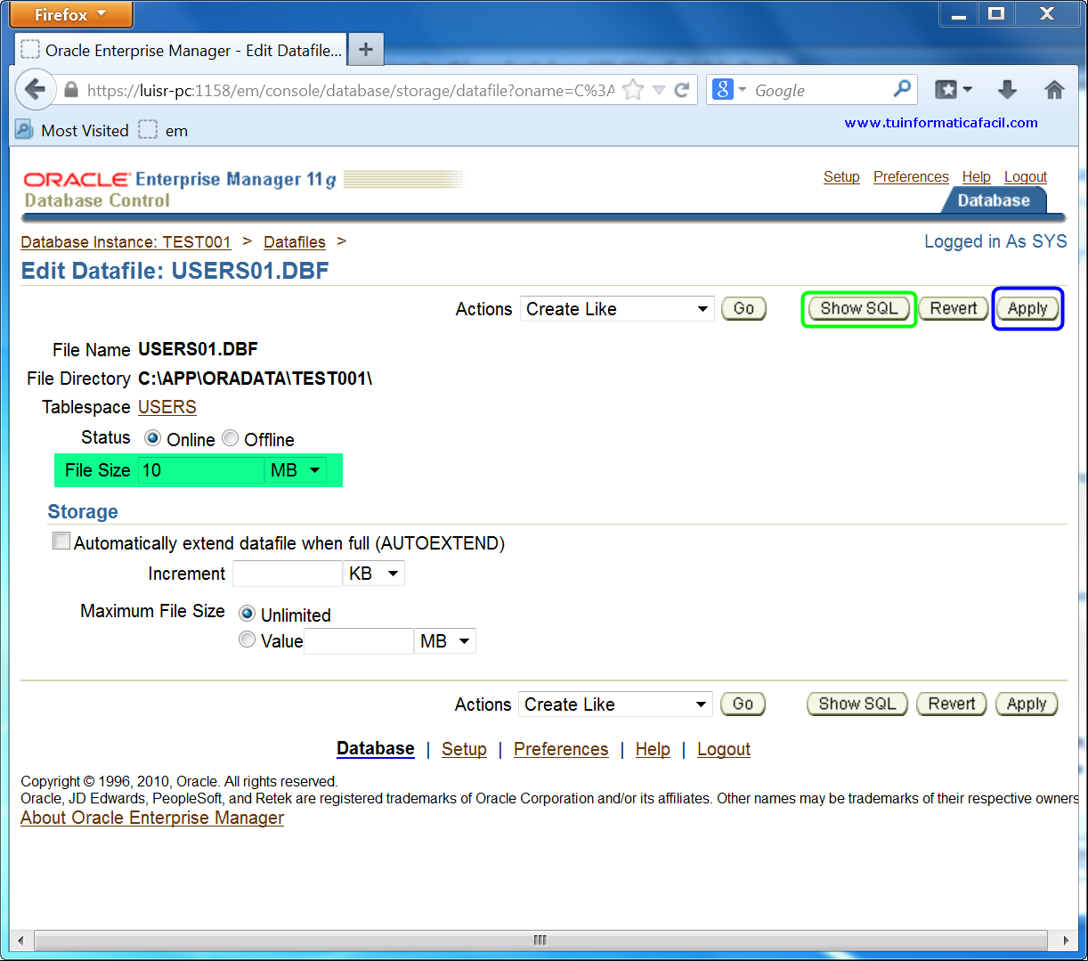 Como ampliar un Tablespace con Oracle Enterprise Manager 11g Database Control, imagen 1