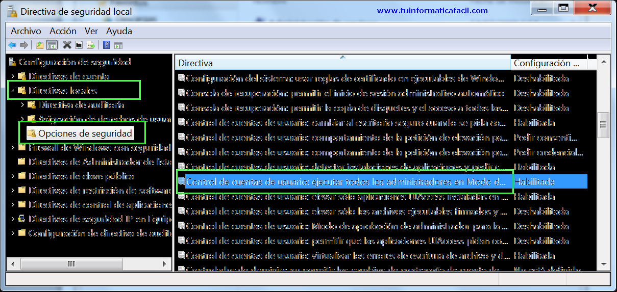 Como deshabilitar o habilitar control de cuentas en Windows 7, Directivas Locales Seguridad